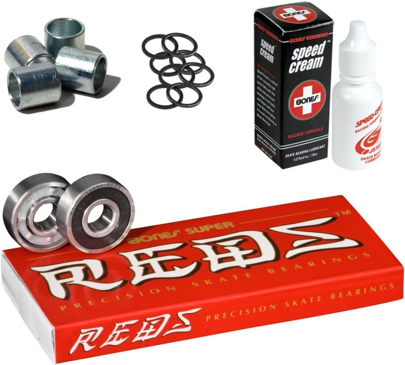 Super Reds Bearings, 8 Pack Set with Spacers, Speed Rings, and Speed Cream